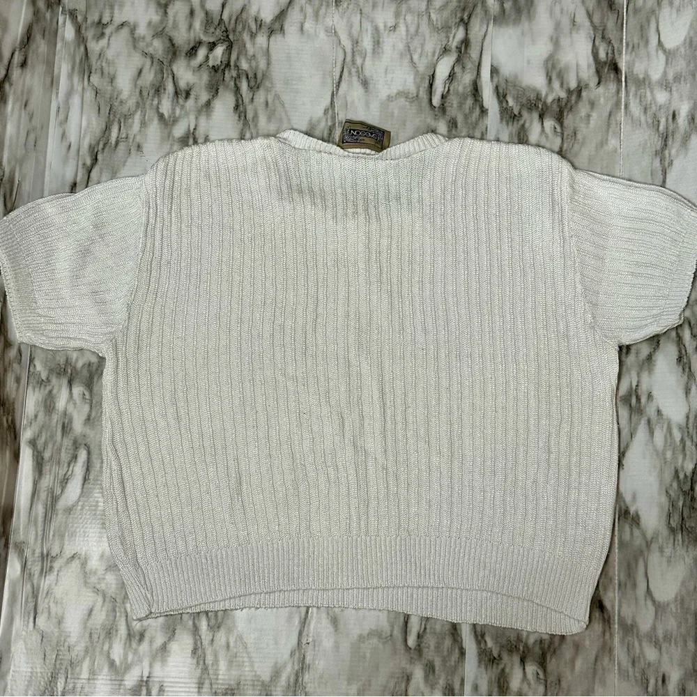 Women's White Cable Knit Sweater Vintage 90s Rayon Blend Cropped Short Sleeve